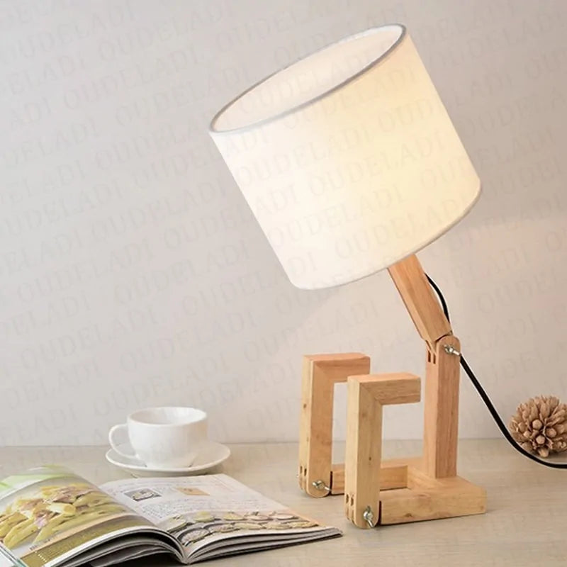 Lámpara de mesa robot de madera E14 110-240V Luz nocturna