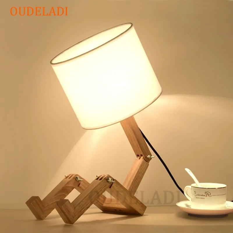 Lámpara de mesa robot de madera E14 110-240V Luz nocturna