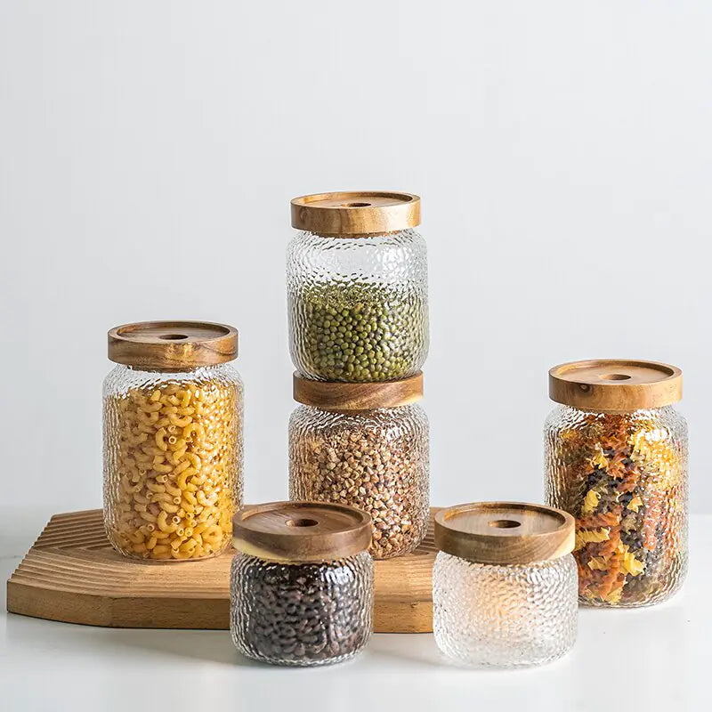 Bote hermético de vidrio con tapa de madera