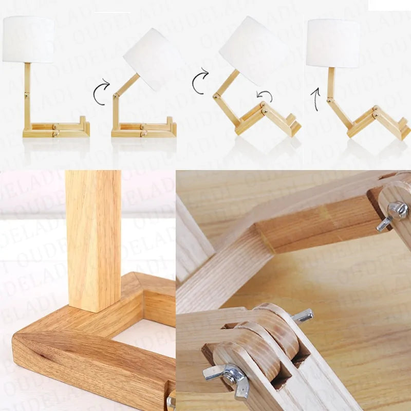 Lámpara de mesa robot de madera E14 110-240V Luz nocturna