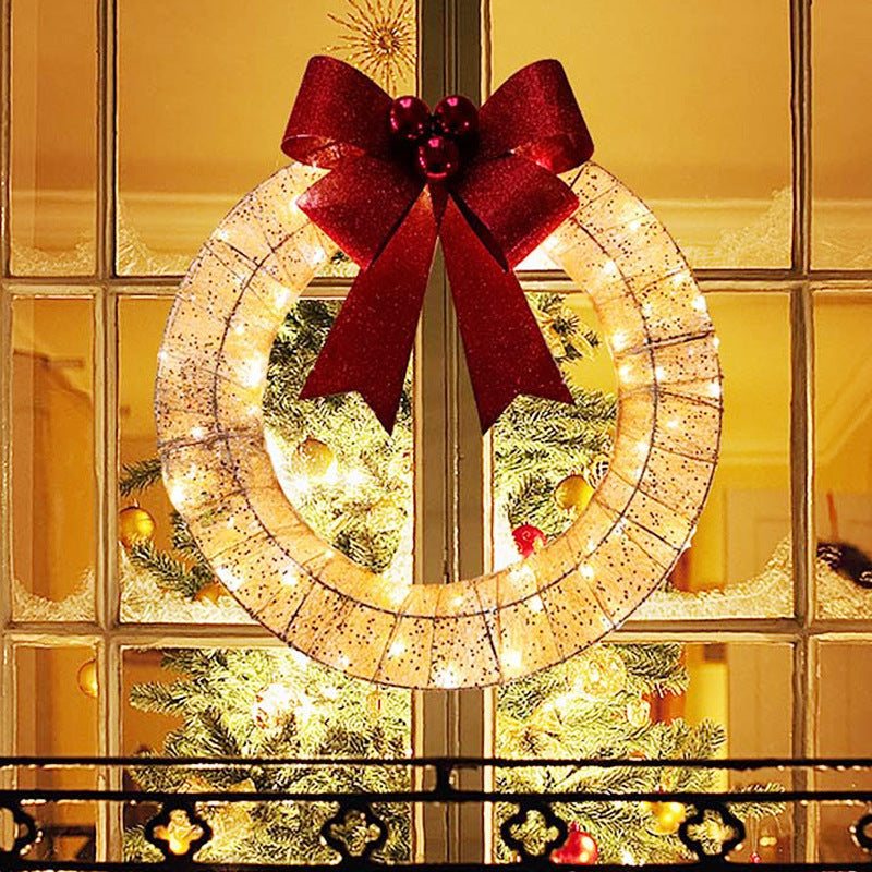 50CM Luminous LED Warm Light Metal  Door Hanging Wreath With Big Bowknot