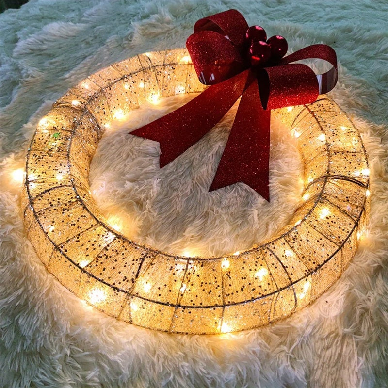 50CM Luminous LED Warm Light Metal  Door Hanging Wreath With Big Bowknot