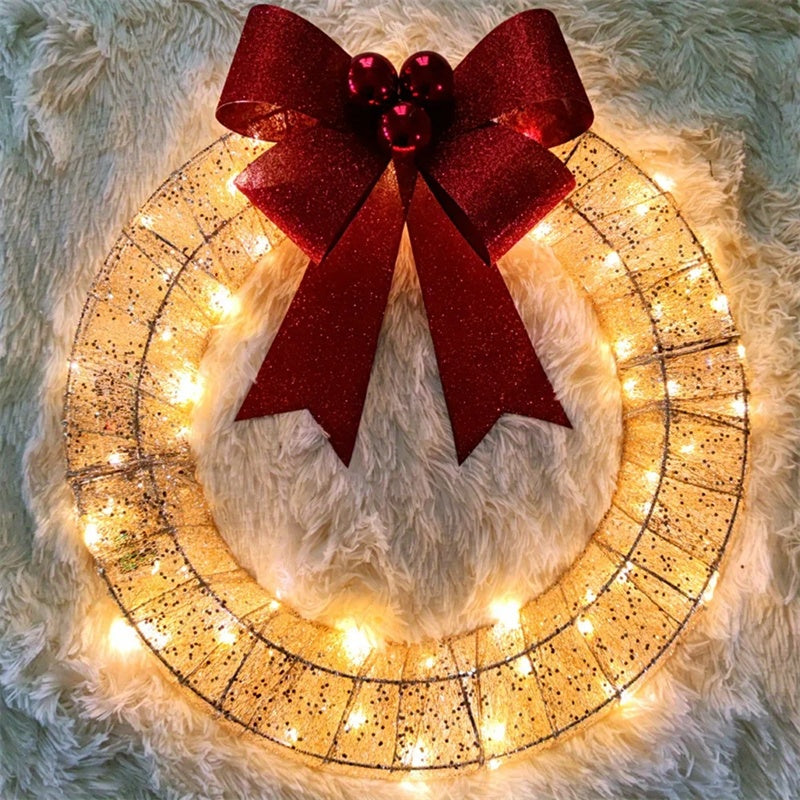 50CM Luminous LED Warm Light Metal  Door Hanging Wreath With Big Bowknot